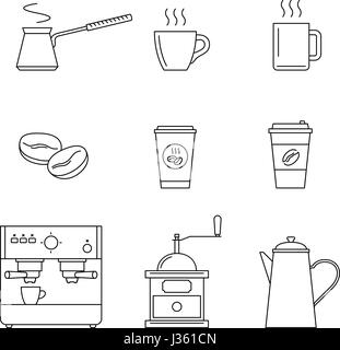 Linea di caffè set di icone. Vettore icone sottile con macchina per il caffè e tazze, i chicchi di caffè e macchina per il caffè. Illustrazione Vettoriale