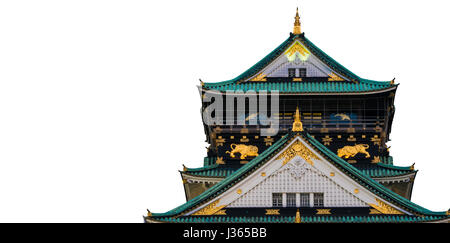 Vicino castello di Osaka tetto su sfondo bianco , tracciato di ritaglio Foto Stock