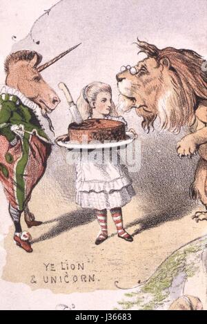 Illustrazione di Sir John Tenniel Vivaio Alice, da Lewis Carroll Londra, MacMilllan, 1889. Alice tra unicorno e il leone. Il Vivaio Alice era una versione abbreviata di Alice nel paese delle meraviglie per i bambini di età compresa tra i 0 e i 5 anni. Foto Stock