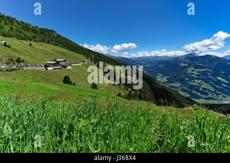 Basso angolo vista di prato verde e villaggio alpino con alte montagne sotto il cielo blu. Austria Tirol Zillertal, Zillertal, Alta Strada alpina Foto Stock