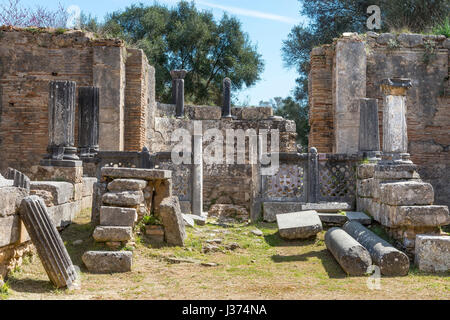 Pheidias' officina e basilica paleocristiana. Antica Olympia, Peloponneso e Grecia. Foto Stock