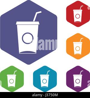 Soft drink in bicchiere in carta per set di icone di esagono Illustrazione Vettoriale