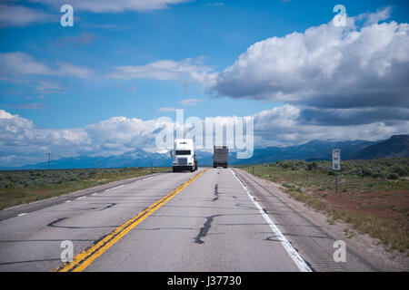 Due grandi piattaforme semi carrelli si muovono in direzione opposta su un rettilineo di strada piana con una striscia di divisione trasporto merci nelle praterie senza fine Foto Stock