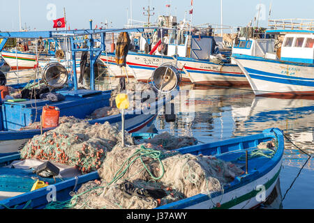 Houmt Souk, Marina, Tunisia, barche da pesca, isola di Djerba e un gatto Foto Stock