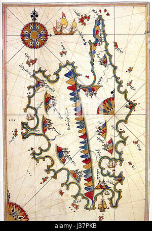 Questa mappa della Corsica, disegnata dal famoso cartografo ottomano Piri Reis, fornisce una visione storica della geografia dell'isola. Si tratta di un importante esempio di creazione di mappe, che riflette sia l'abilità cartografica che la conoscenza geografica del tempo. Foto Stock