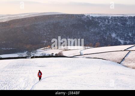 La donna a piedi nella neve coperto campagna, Peak District, REGNO UNITO Foto Stock