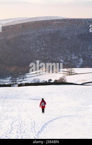 La donna a piedi nella neve coperto campagna, Peak District, REGNO UNITO Foto Stock