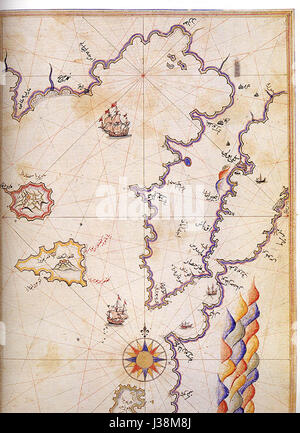 Piri Reis, il famoso ammiraglio e cartografo ottomano, ha creato questa mappa che mostra i Dardanelli e il Golfo di Saros. Le sue mappe, tra cui questa, sono note per la loro conoscenza avanzata della geografia e della navigazione marittima durante il XVI secolo. Foto Stock