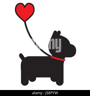 Una silhouette di un piccolo cane nero al guinzaglio che ha un cuore per una maniglia Foto Stock