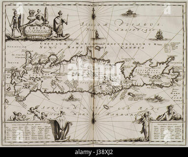 Questo si riferisce a una mappa o a un'opera geografica intitolata "Creta nu Candia", creata da Olfert Dapper nel 1688, con nomi antichi e contemporanei di luoghi di Creta. Foto Stock