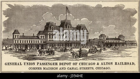 La Chicago Union Station, un importante snodo dei trasporti, fu un punto cruciale nella crescita delle reti ferroviarie americane. Ha svolto un ruolo chiave nel trasporto di passeggeri e merci, in particolare per la Chicago and Alton Railroad, collegando regioni chiave degli Stati Uniti Foto Stock