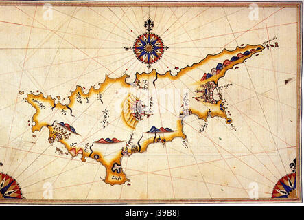 Cipro di Piri Reis è una mappa storica che mostra l'isola di Cipro come raffigurato dal famoso cartografo ottomano. La mappa riflette il paesaggio geografico e politico della regione durante il XVI secolo, fornendo preziose informazioni sulla storia di Cipro e sull'influenza dell'Impero Ottomano. Foto Stock