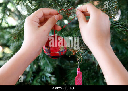 Il 10-anno-vecchio ragazzo mettendo una ciotola su di un albero di natale. Foto Stock