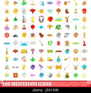 100 meditazione set di icone, stile cartoon Illustrazione Vettoriale