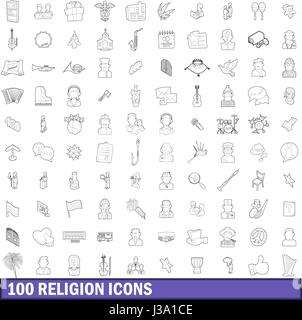 100 religione set di icone di stile di contorno Illustrazione Vettoriale