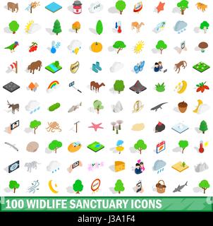 100 widlife santuario set di icone, stile isometrico Illustrazione Vettoriale