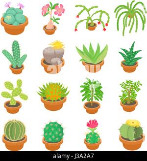 Verde cactus set di icone, stile cartoon Illustrazione Vettoriale