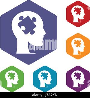 Testa con puzzle set di icone di esagono Illustrazione Vettoriale