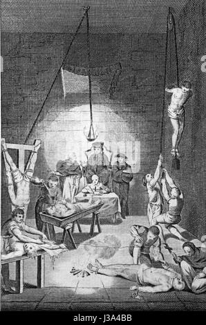 Rappresentazioni dei metodi di tortura utilizzati dall'Inquisizione. Incisione da c 1780 edizione del nuovo libro di martiri da Rev Dr Henry Southwell Foto Stock