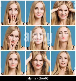 Collage di una bella donna con diversa espressione facciale Foto Stock