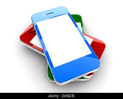 Tre smartphone colorati isolato su sfondo bianco con copyspace bianco sullo schermo Foto Stock