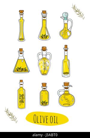 9 isolato doodle degli oli di oliva in bottiglie di carino. Illustrazione Vettoriale