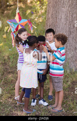 Gruppo di amici blindfolding boy sul campo erboso al campeggio Foto Stock