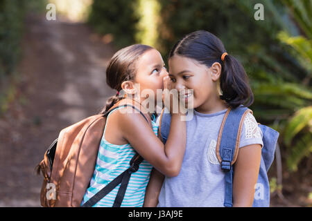 Bambina sussurra ad un amico durante il riposo a parco naturale Foto Stock