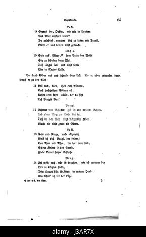 Una pagina di "Die Edda", un'importante opera della mitologia e della poesia norrena, che mostra una sezione specifica o un'interpretazione dei suoi antichi testi. Foto Stock
