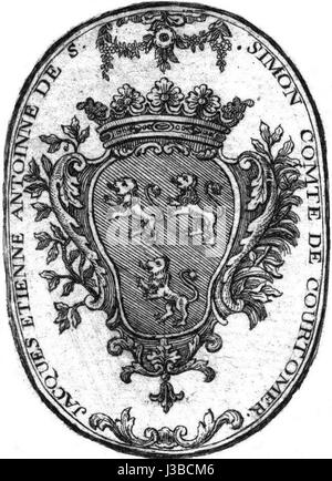 Questa libreria apparteneva a Jacques Etienne Antoine de Saint Simon Courtomer, vicomte de Courtomer, un aristocratico francese. Le iscrizioni ex libris sono spesso utilizzate per indicare la proprietà di un libro o di una collezione. Foto Stock