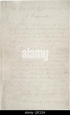 La prima pagina del proclama di emancipazione, un documento chiave emesso dal presidente degli Stati Uniti Abraham Lincoln nel 1863, che dichiarava la libertà degli schiavi negli stati confederati durante la guerra di secessione americana. Foto Stock