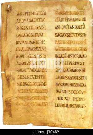 Il Breviarium di Eutropio, conservato presso la Biblioteca Vaticana (Vaticanus Palatinus lat. 909), è un manoscritto chiave del periodo medievale, contenente testi storici e religiosi significativi nello studio del primo cristianesimo. Foto Stock