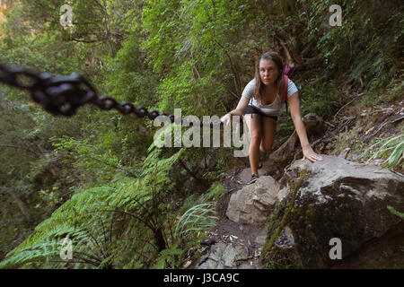 Femmina determinata escursionista tenendo la catena scalando le rocce Foto Stock