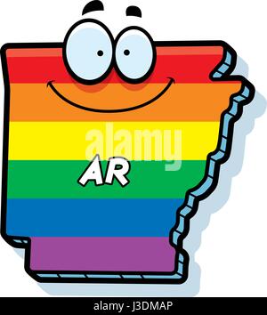 Un cartoon illustrazione dello stato di Arkansas sorridente con bandiera arcobaleno di colori. Illustrazione Vettoriale