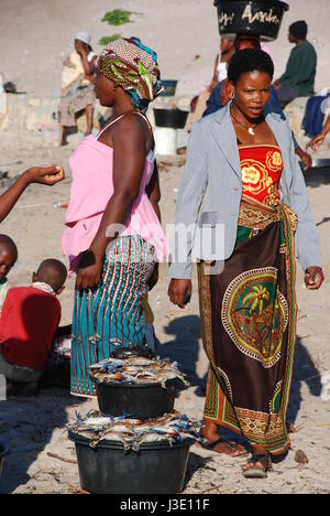 Fisher le donne che vendono i loro pesci al mercato locale a Vilanculos village, Inhambane provincia, Mozambico, Africa. Foto Stock