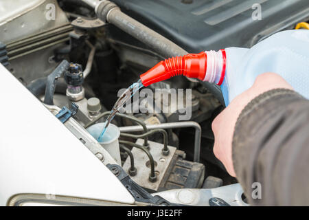 Versando lavavetri nel serbatoio di un'auto. Foto Stock