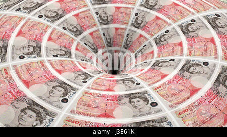 Sfondo di denaro dal British pound banconote il flusso nel foro Foto Stock
