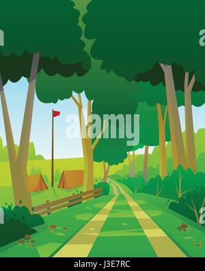 Vettore digitale abstract sfondo con una foresta verde, grande albero,piccola casa in legno, piatto stile triangolo Illustrazione Vettoriale