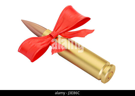 Bullet con fiocco rosso, presente concetto. 3D rendering isolati su sfondo bianco Foto Stock