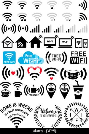 Segni di wifi, wi-fi icone, caffè e free wifi zone, set di vettore di elementi di design grafico Illustrazione Vettoriale