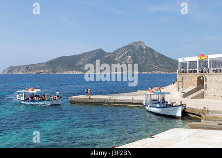 Traghetto per Sa Dragonera Island, Sant Elm, Mallorca, Spagna Foto Stock