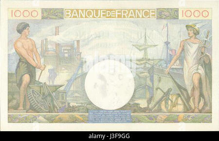 Il disegno di legge di 1000 franchi del 1940 faceva parte della valuta di Franceâ durante la seconda guerra mondiale. Presenta disegni distintivi e riflette le sfide economiche e politiche affrontate dalla Francia durante il periodo di guerra, in particolare gli effetti dell'occupazione e del conflitto. Foto Stock