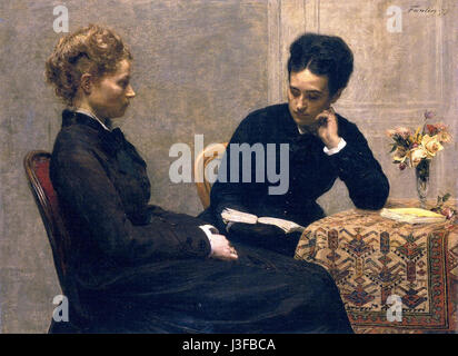 "Fantin Latour la Lecture" è un famoso dipinto di Henri Fantin-Latour che raffigura una donna impegnata nella lettura. L'opera cattura l'eleganza tranquilla e l'intimità della scena, mostrando l'abilità dell'artista nella natura morta e nella ritrattistica, con particolare attenzione all'atto della lettura. Foto Stock