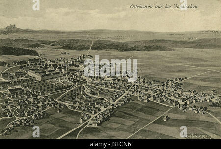 Una vista aerea della città di Ottobeuren in Germania, scattata in una fotografia in bianco e nero del 1916, che mostra il paesaggio e il layout della città. Foto Stock