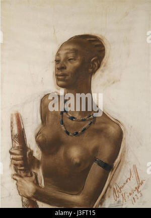 Questa immagine, creata dall'artista A. Yakovlev nel 1925, ritrae una donna della tribù Mangbetu dell'Africa centrale. Noti per le loro pratiche culturali uniche, i Mangbetu sono riconosciuti per la loro arte e architettura distinte. Foto Stock