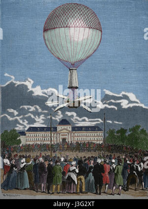 Il primo palloncino sucessfull volo di Jean-Pierre Francois Flanchard (1753-1809). Il gas idrogeno lanciato dal Champ de Mars, Parigi, Francia, 2 marzo Foto Stock