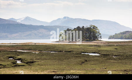 Montagne luogo dalle sponde del Loch Linnhe, dietro il sale di marsh Inverscaddle Bay, sulla costa occidentale delle Highlands della Scozia. Foto Stock
