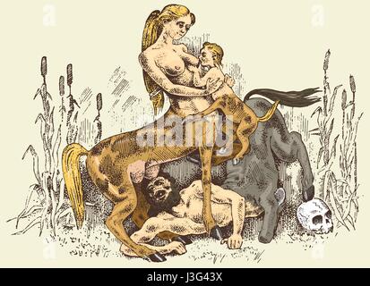 Centauro femmina alimentando il suo bambino illustrazione, disegnati a mano o inciso il vecchio guardando fantastici, bestie da favola metà uomo con il corpo di cavallo, mitologia greca Illustrazione Vettoriale