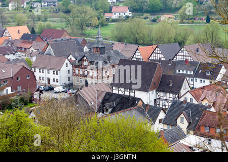 Helmarshausen, Bad Karlshafen, Superiore Valle Weser, Weser Uplands, Weserbergland, Reinhardswald, Hesse, Germania Foto Stock