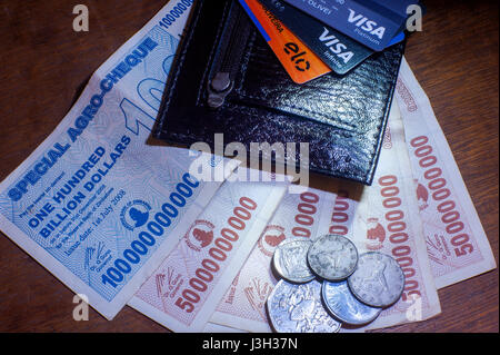 Portafoglio con note di Zimbabwe miliardi di dollari Foto Stock